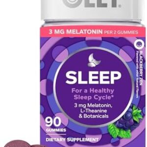 OLLY Sleep Gummy, 3mg Melatonin, L-Theanine, Chamomile, Lemon Balm, Sleep Aid, BlackBerry, 90 Count