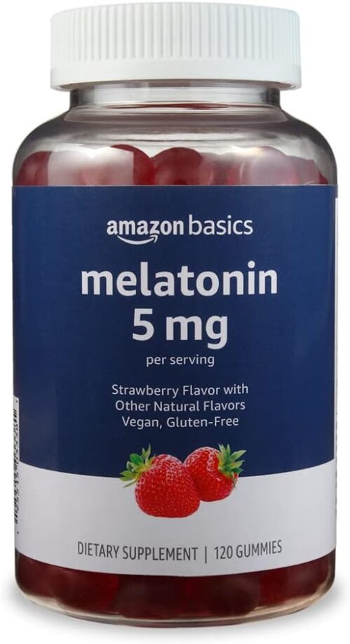 Amazon Basics Melatonin, Sleep Support Gummies, Strawberry Flavor, 5mg, 120 Count (Previously Solimo)