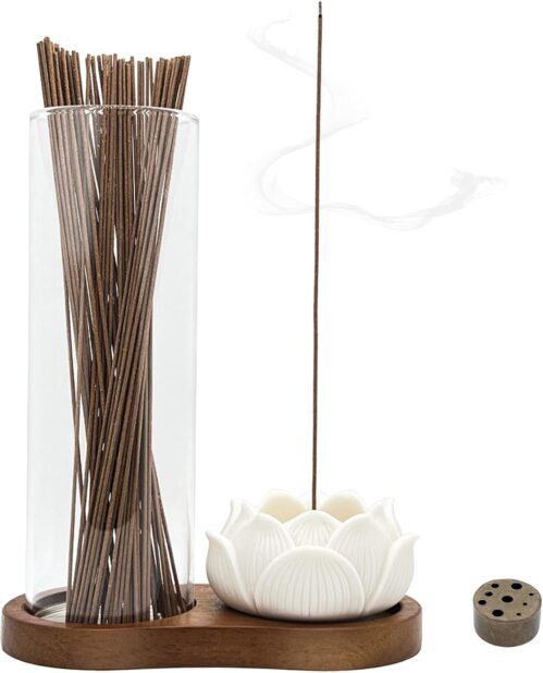 2 in 1 Wooden Incense Holder with Incense Storage, Lotus Incense Holder and 9 Holes Brass Incense Cone Burner Stand Base with Ash Catcher, for Feng Shui Décor & Home Meditation Spa Yoga Room Décor