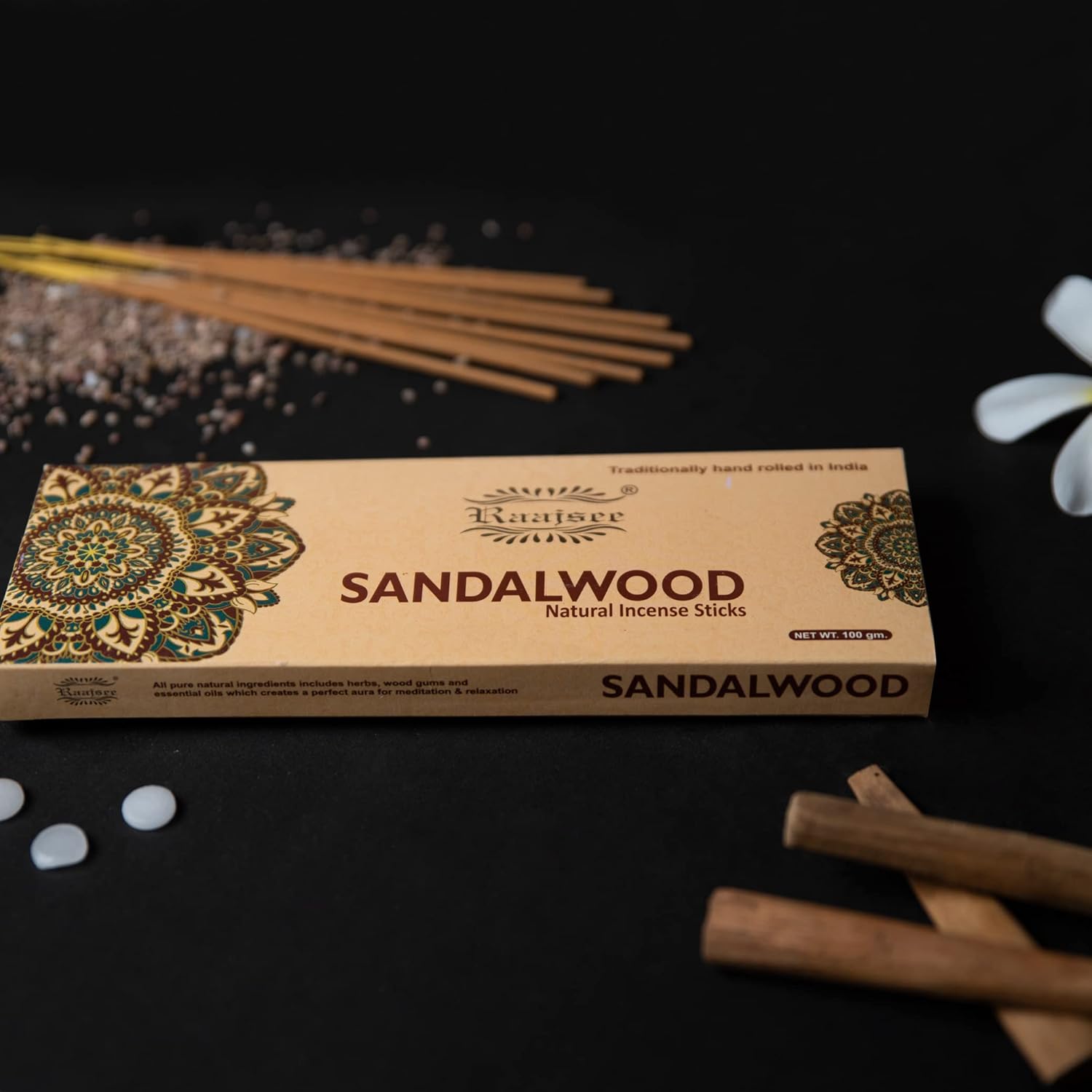 Raajsee Sandalwood Incense Sticks 100 Gm Pack-100% Pure Organic Natural Hand Rolled Free from Chemicals-for Church,Aroma Therapy,Relaxation,Meditation & Sensual Therapy - Image 2