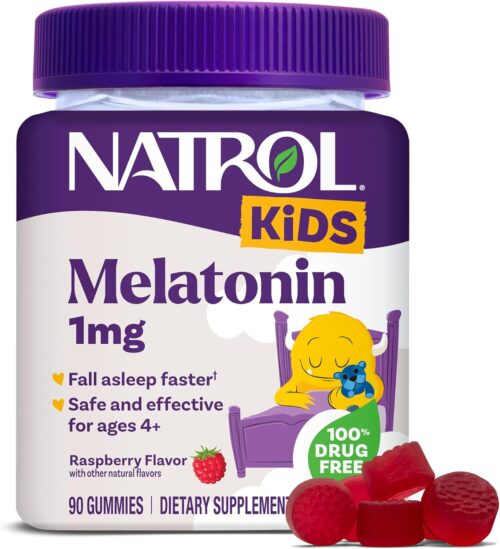 Natrol Kids Melatonin Gummies 1mg, Children’s Melatonin for Restful Sleep, 90 Raspberry-Flavored Sleep Gummies, 90 Day Supply