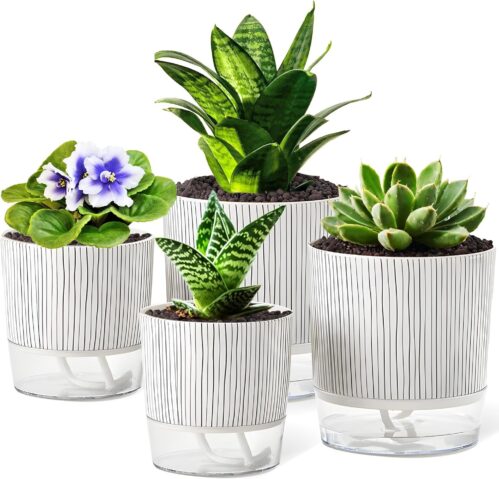 4 Pack Self Watering Pots Set, 4+5.5 Inch Self Watering Pots for Indoor Plants, Planter Pot with Wick Rope and Reservoir for African Violet, Spider Plant, Orchid