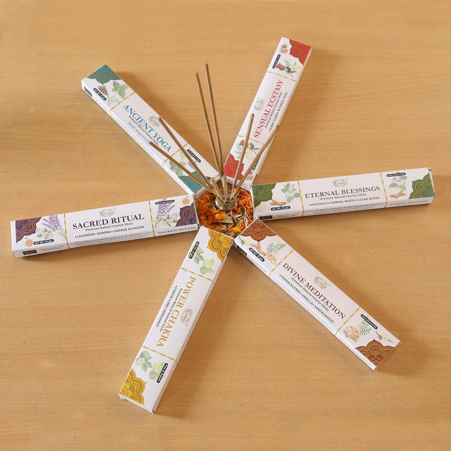 Raajsee Natural Incense Sticks,6 Pack Mixed Scents Gift Pack 15 gm Each (90 gm Total), Insense Sticks Variety Pack, 100% Organic Non Toxic Natural - Hand Rolled Free from Chemicals - Image 8