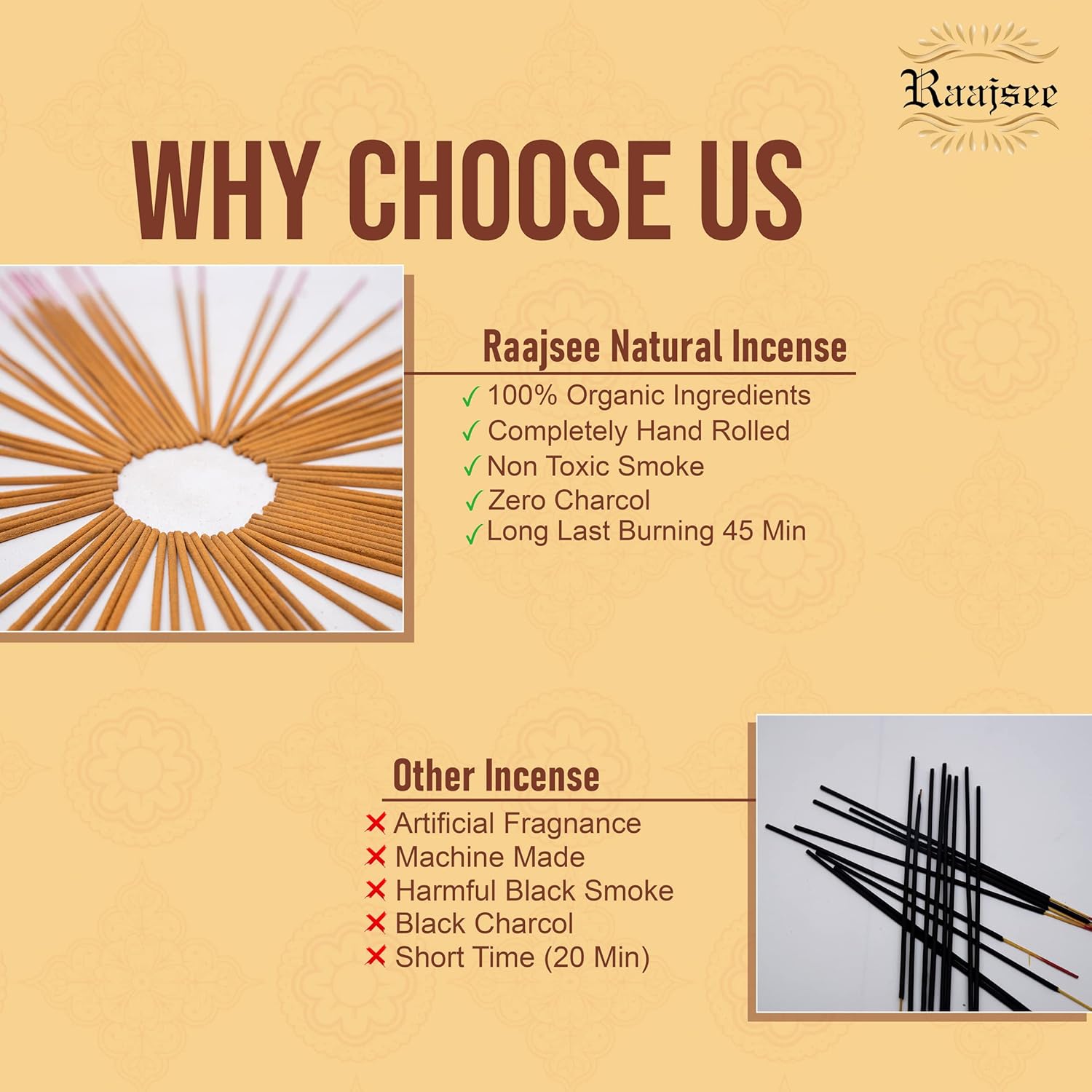 Raajsee Sandalwood Incense Sticks 100 Gm Pack-100% Pure Organic Natural Hand Rolled Free from Chemicals-for Church,Aroma Therapy,Relaxation,Meditation & Sensual Therapy - Image 8