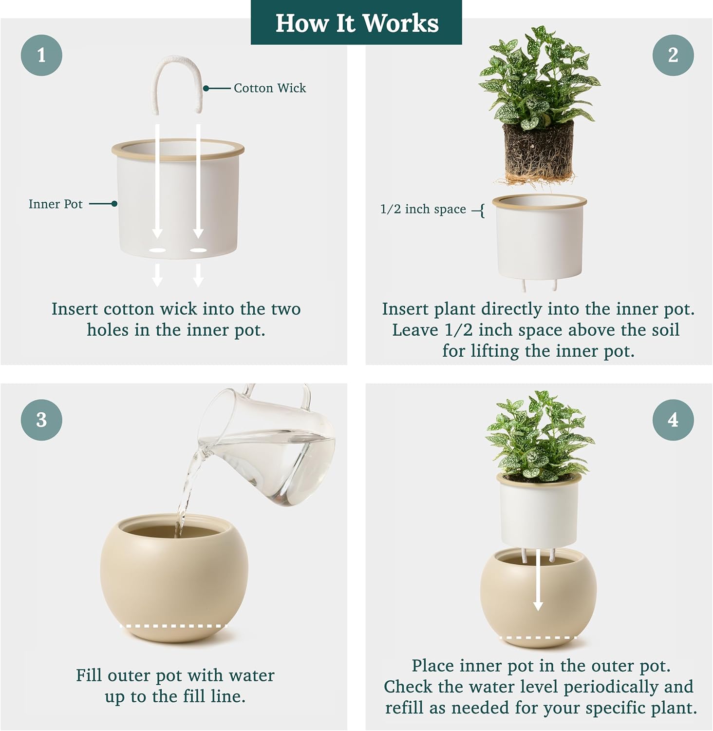 Ceramic Self Watering Plant Pot | 6.8 Inch Pot with 5 Inch Opening for Plant | Ivory Pot for Indoor Plants | Round Self Watering Planter | Bottom Watering Pots for Indoor Plants - Image 4