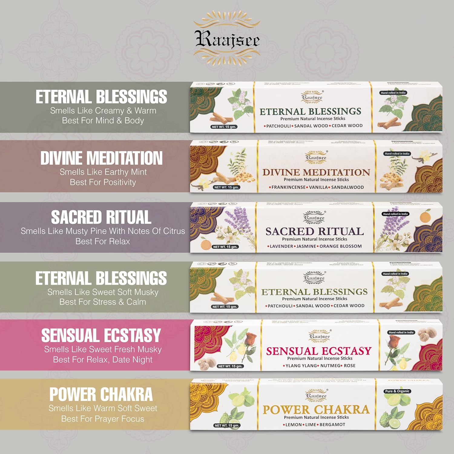 Raajsee Natural Incense Sticks,6 Pack Mixed Scents Gift Pack 15 gm Each (90 gm Total), Insense Sticks Variety Pack, 100% Organic Non Toxic Natural - Hand Rolled Free from Chemicals - Image 2