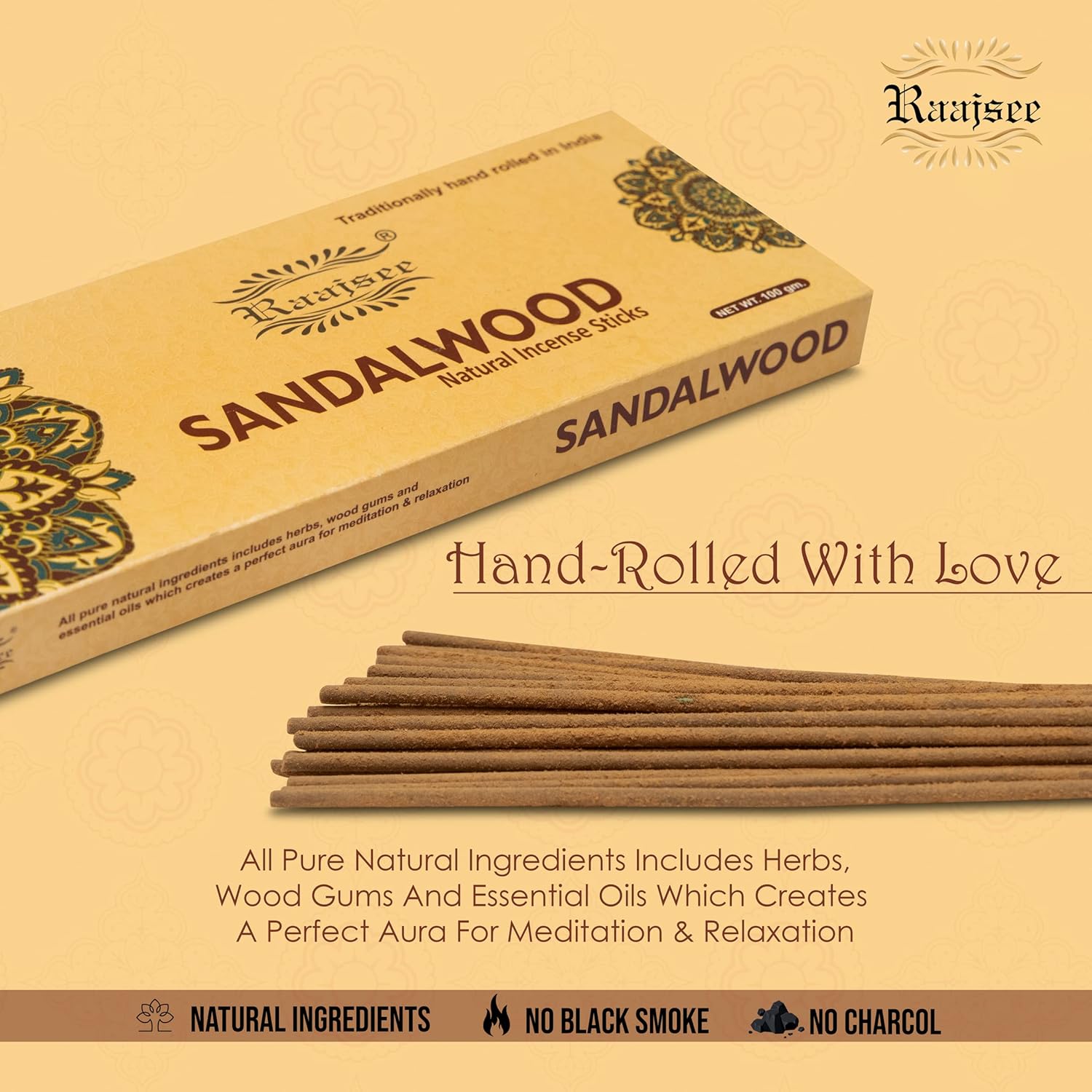 Raajsee Sandalwood Incense Sticks 100 Gm Pack-100% Pure Organic Natural Hand Rolled Free from Chemicals-for Church,Aroma Therapy,Relaxation,Meditation & Sensual Therapy - Image 6