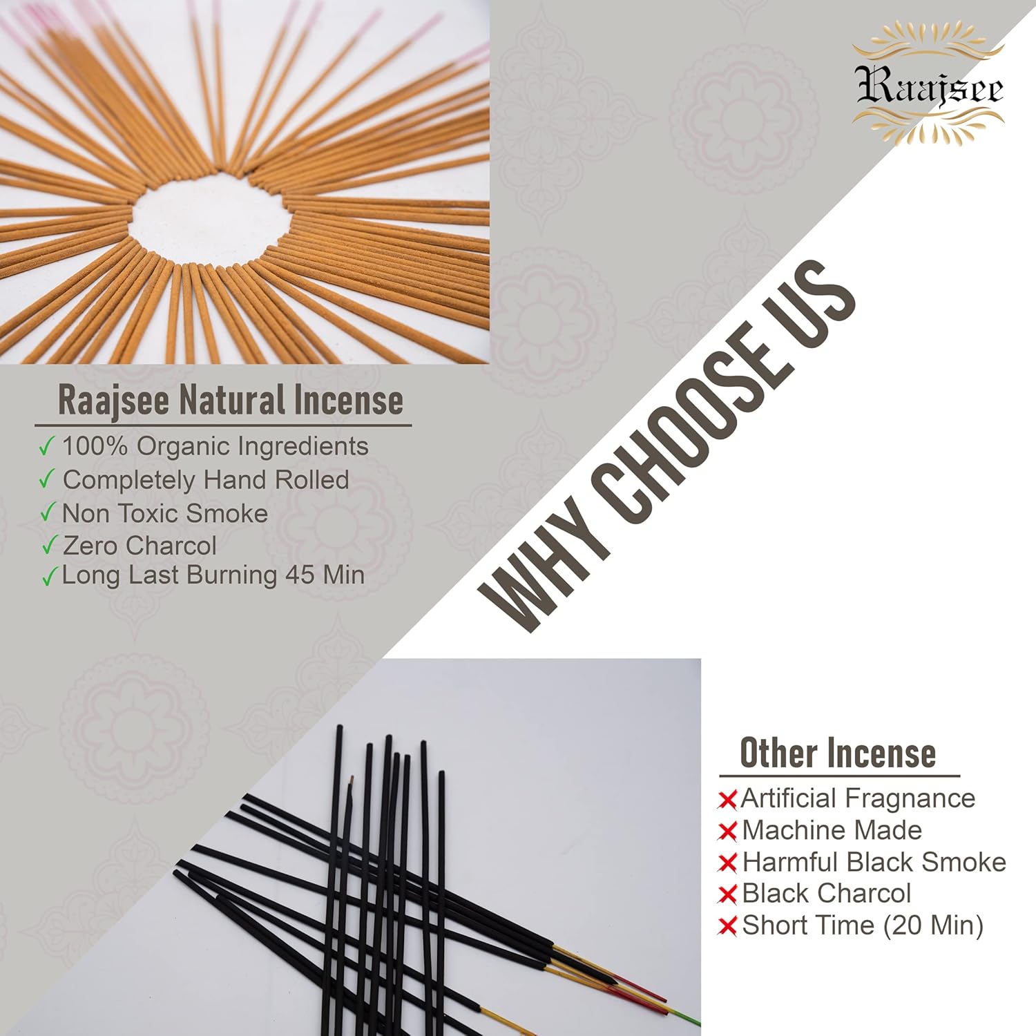 Raajsee Natural Incense Sticks,6 Pack Mixed Scents Gift Pack 15 gm Each (90 gm Total), Insense Sticks Variety Pack, 100% Organic Non Toxic Natural - Hand Rolled Free from Chemicals - Image 6