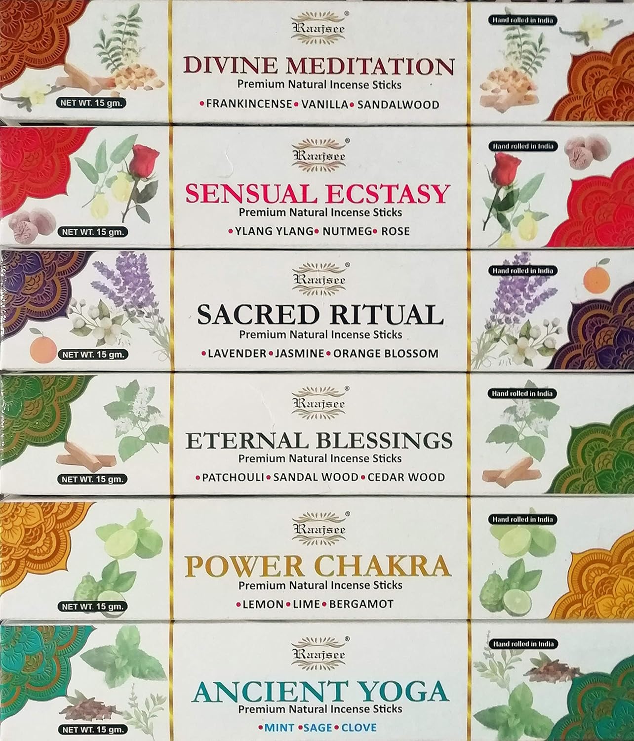 Raajsee Natural Incense Sticks,6 Pack Mixed Scents Gift Pack 15 gm Each (90 gm Total), Insense Sticks Variety Pack, 100% Organic Non Toxic Natural - Hand Rolled Free from Chemicals - Image 9
